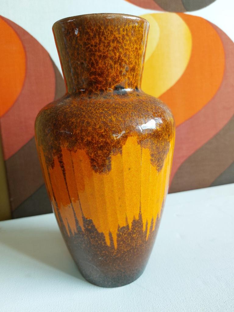 Vintage West Germany vaas 208-27, bruin/oranje fat lava, Ophalen of Verzenden