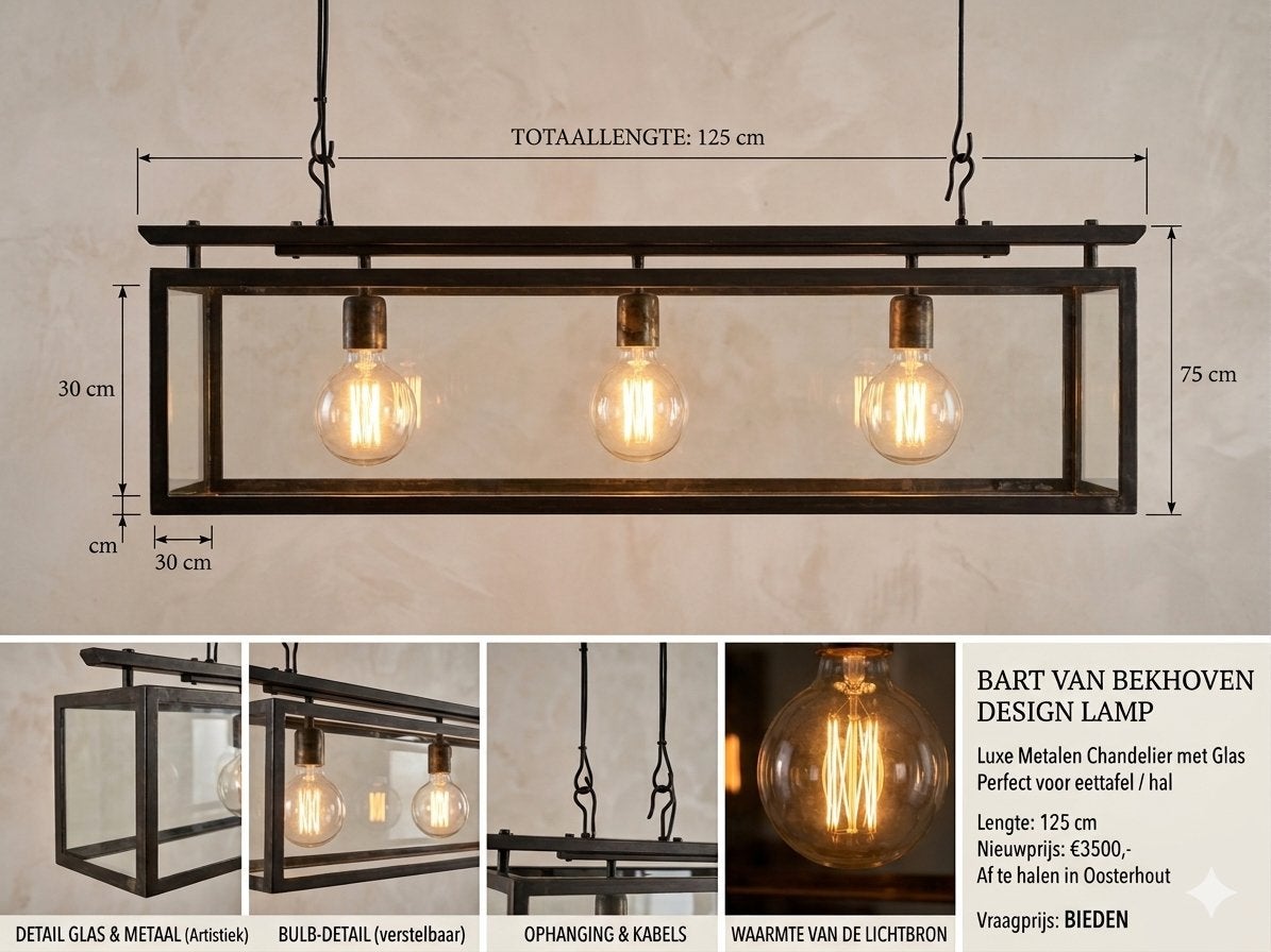 Luxe Design Lamp Bart van Bekhoven - Metaal & Glas, Ophalen, Gebruikt, 100 tot 150 cm, Metaal