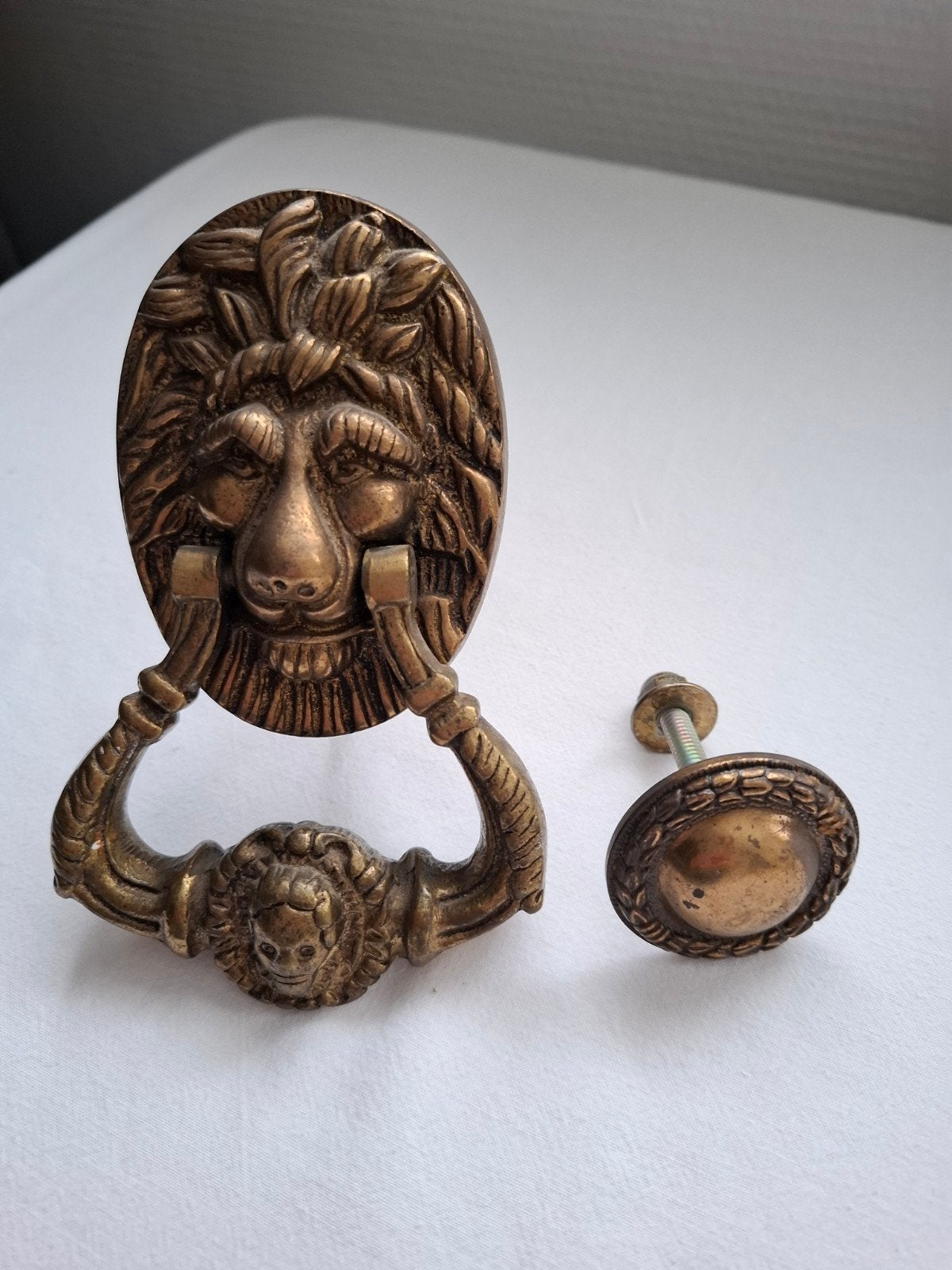 Oude koperen deurklopper leeuw, Ophalen of Verzenden