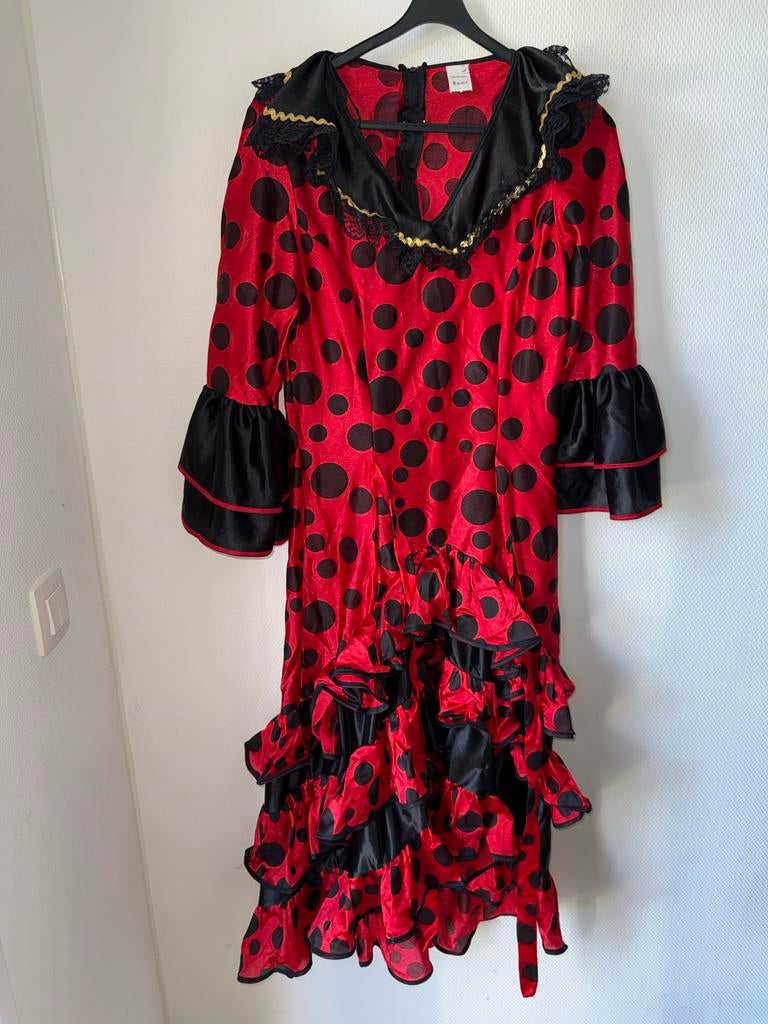 Flamenco jurk rood met zwarte stippen - Maat 38, Kleding | Dames, Maat 38/40 (M), Carnaval, Ophalen of Verzenden, Zo goed als nieuw