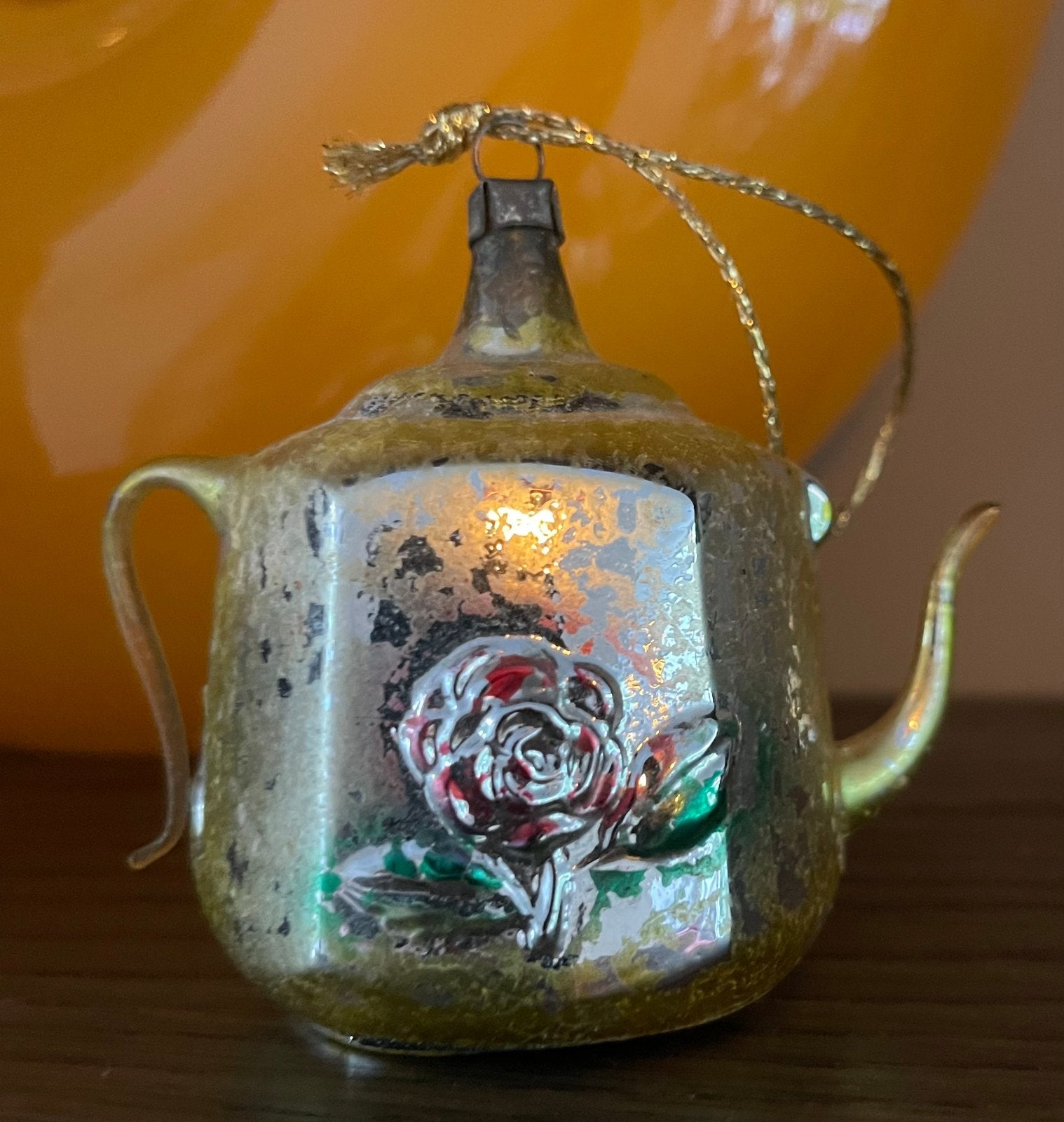 Prachtige Vintage Glazen Kersthanger - Theepot met Roos, Ophalen
