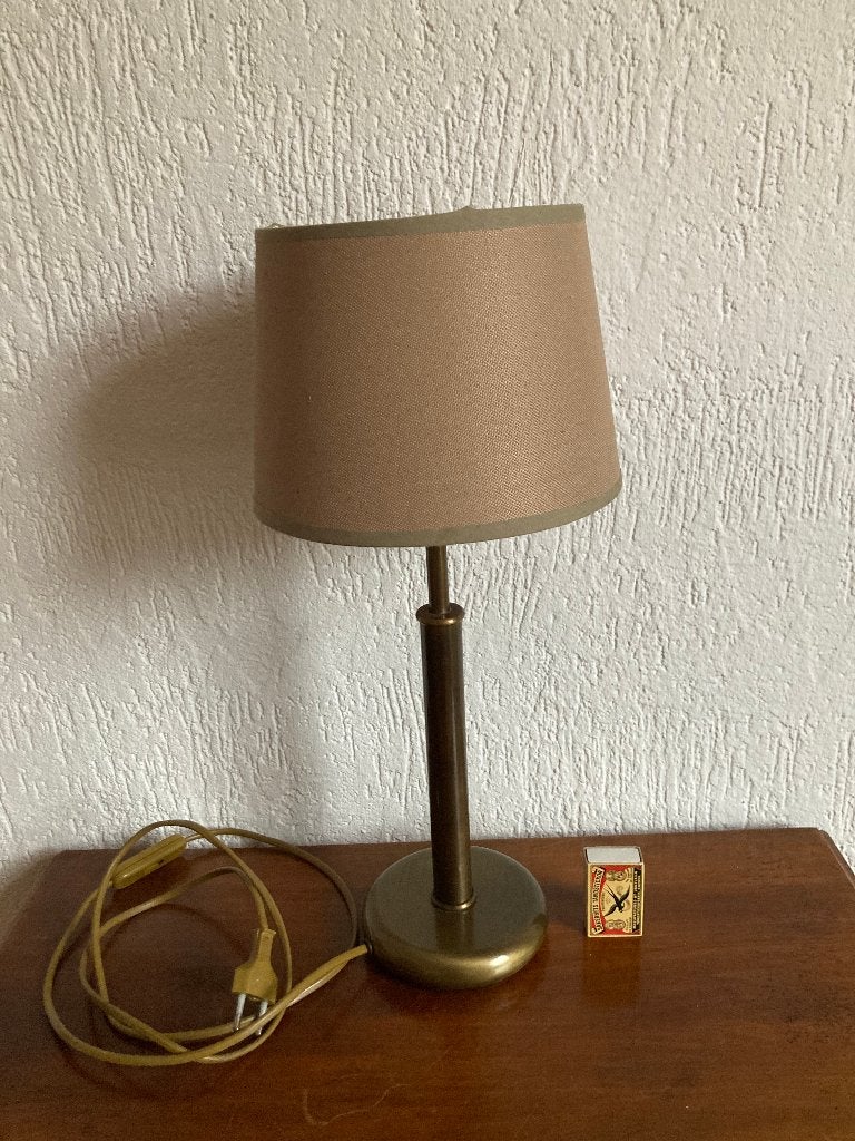 Messing tafellampje met bruin lampenkapje dressoir lampje, Kunststof, 45 cm, Met kap, Klassiek