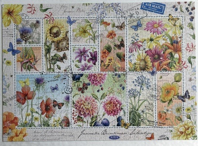 Janneke Brinkman. Jumbo. Bloemen zegels. 1000 stukjes, Ophalen of Verzenden, 500 t/m 1500 stukjes, Zo goed als nieuw, Legpuzzel