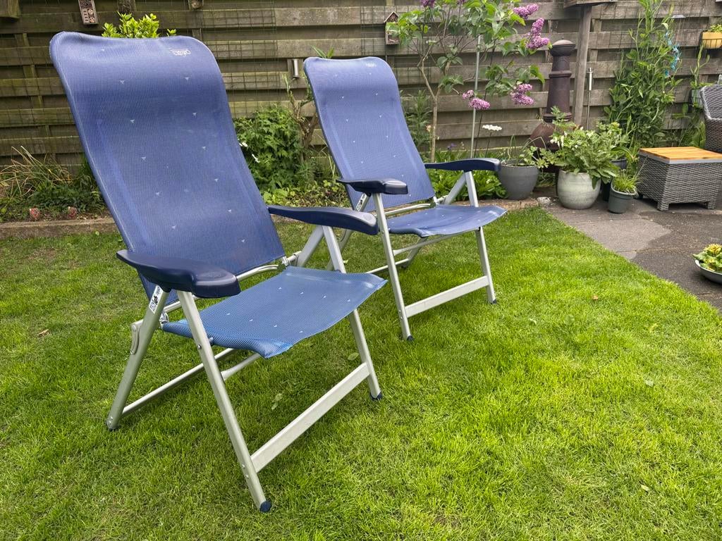 2x Verstelbare campingstoelen met voetensteun, Caravans en Kamperen, Ophalen, Gebruikt, Campingstoel