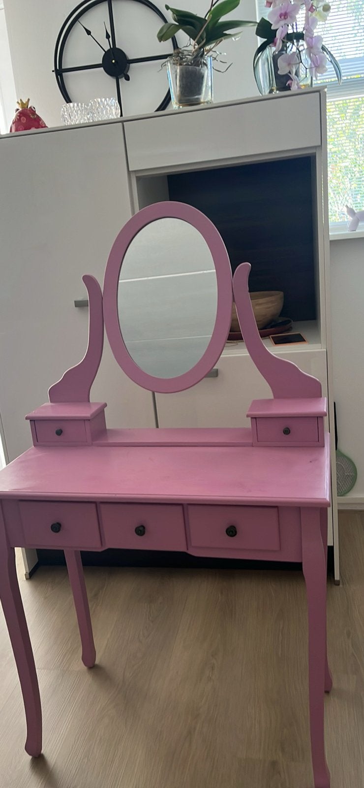 Roze kaptafel met spiegel en 5 lades, Ophalen of Verzenden, Gebruikt, Hout