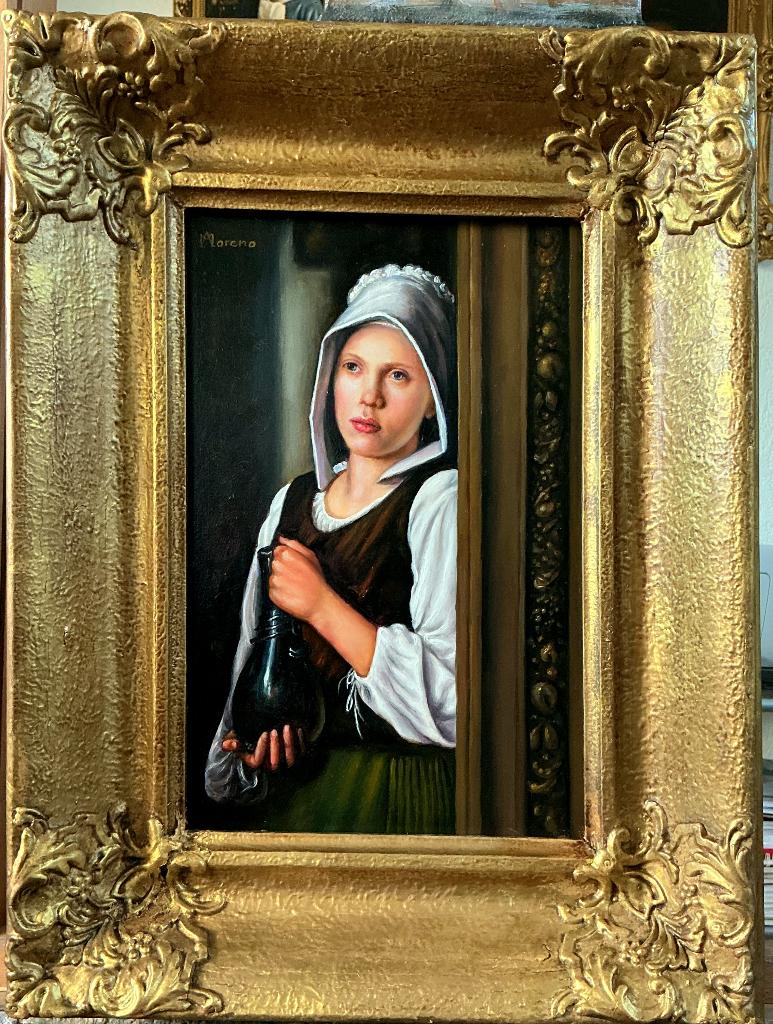 Homage to Vermeer, Jonge dame met glazen karaf., Antiek en Kunst, Ophalen of Verzenden