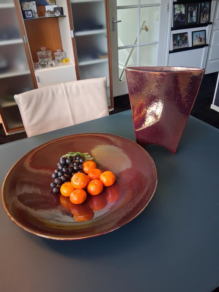 Mobach Design Schaal en Vaas - Purple-Goud Keramiek Set, Huis en Inrichting, Ophalen of Verzenden, Zo goed als nieuw, Rond, Porselein of Keramiek