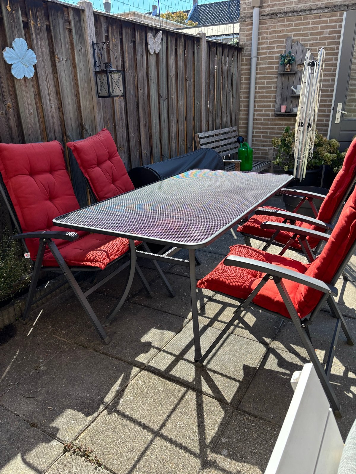 Tuinset met 4 stoelen en tafel - en 4 kussens, Gebruikt, Eettafel, Ophalen of Verzenden, Tuinset