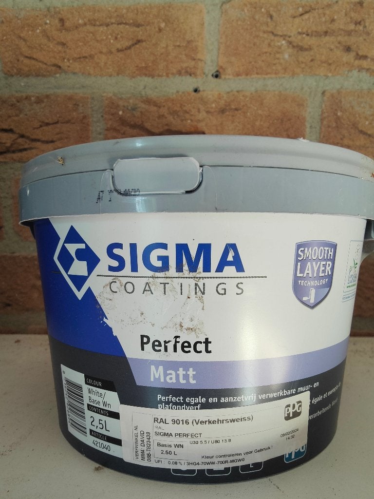 Sigma Perfect Matt Muurverf Wit 2.5L, Gebruikt, Wit, Ophalen of Verzenden, Verf