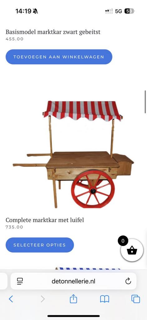 Winkelpresentatie houten marktkar KAAS / VIS / GROENTE, Ophalen