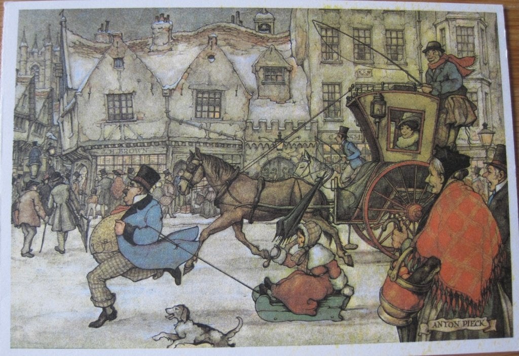 Anton Pieck prentje met als titel in haast met rennende man, Verzamelen, 1980 tot heden, Ophalen of Verzenden, Zo goed als nieuw