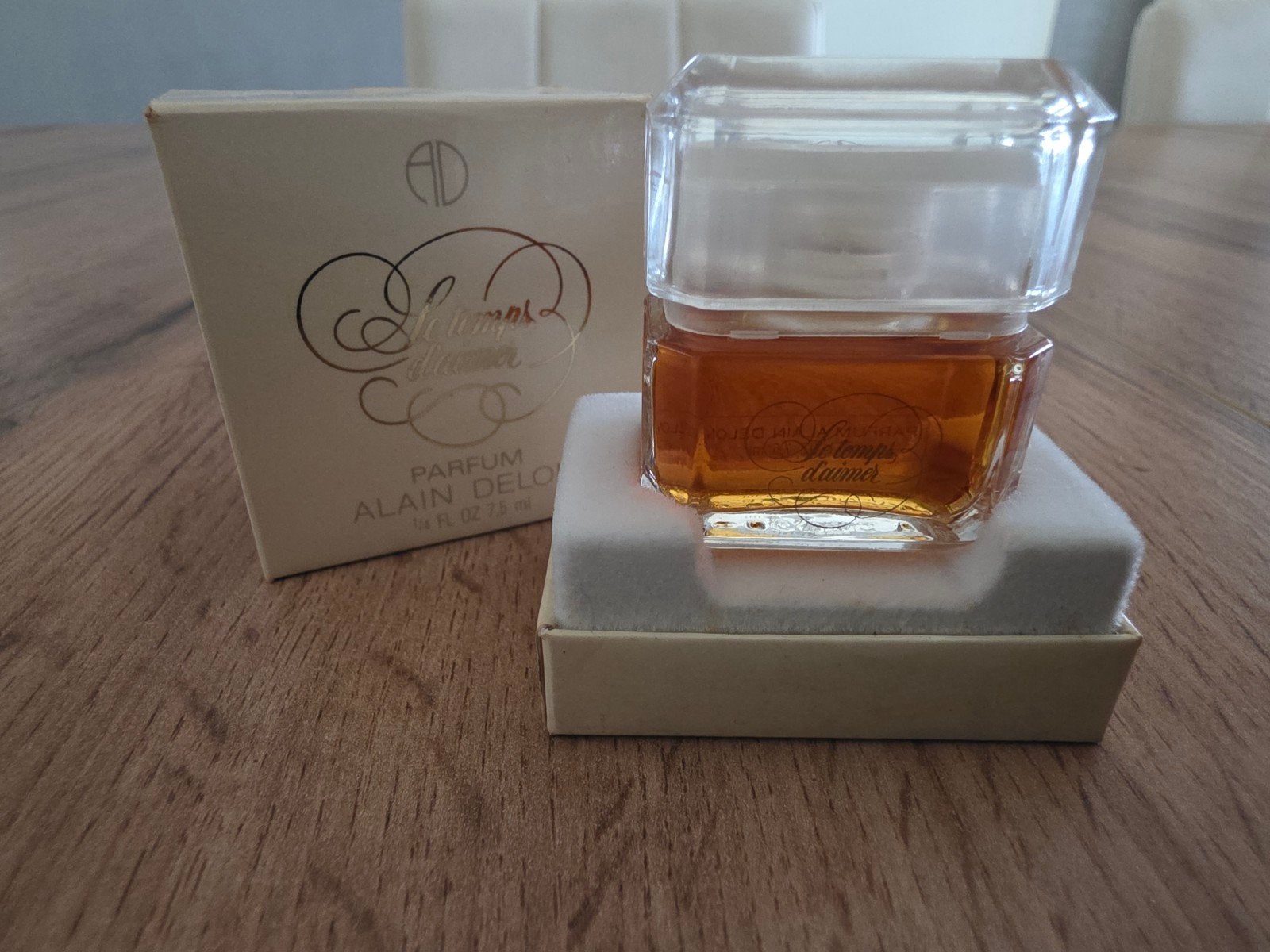 Vintage Alain Delon Le Temps DAimer Pure Parfum 7.5ml Box, Ophalen of Verzenden, Miniatuur, Gevuld