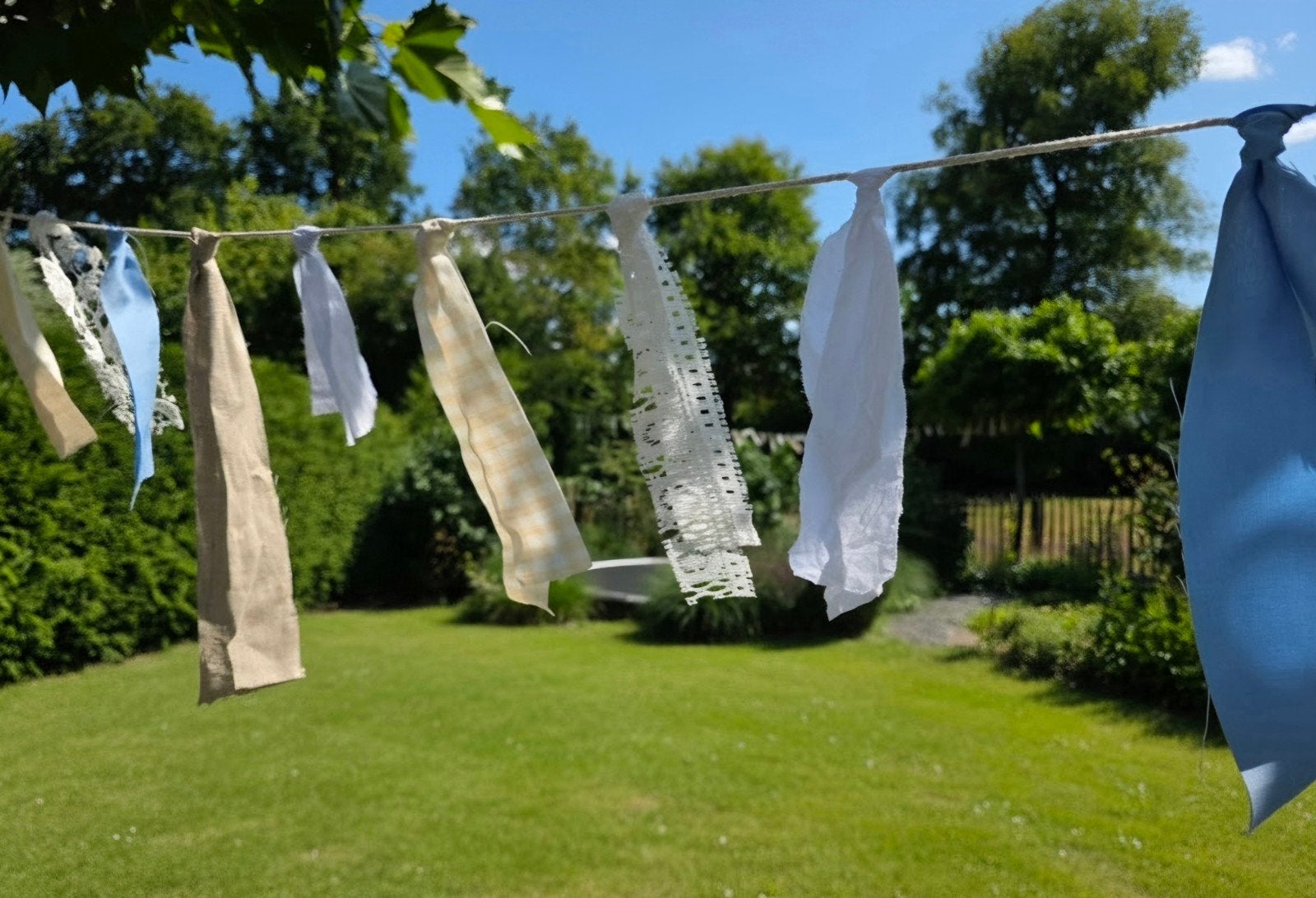 Handgemaakte stoffen slinger - 5m of 10m - Blauw, wit, beige, Ophalen of Verzenden, Nieuw, Versiering, Geboorte of Huwelijk