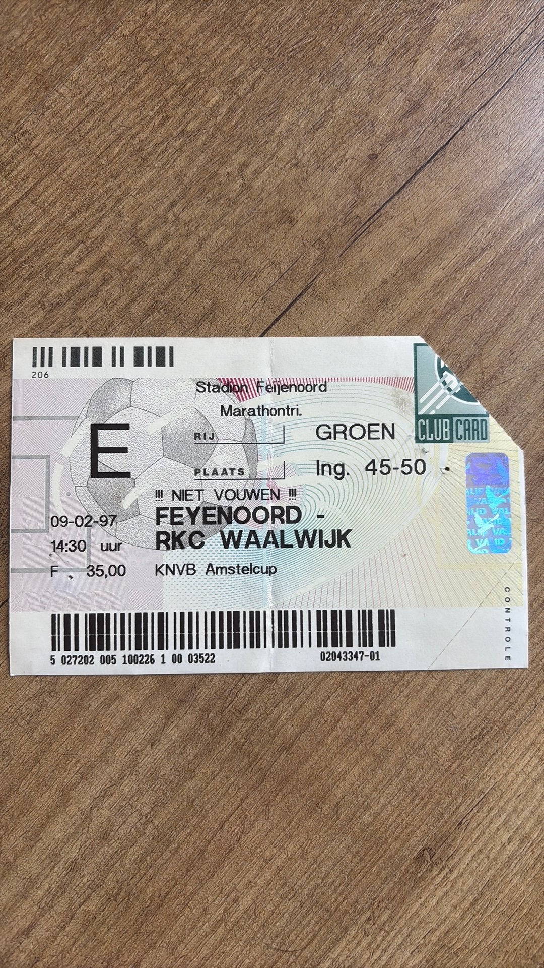 Oud stadionticket feyenoord rkc 1997, Verzamelen, Ophalen of Verzenden