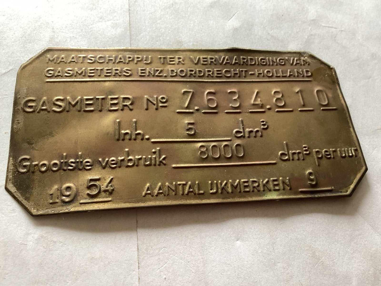 Gasmeter Plaatje 1954 - Dordrecht Holland 11.5 x 6 cm, Ophalen of Verzenden