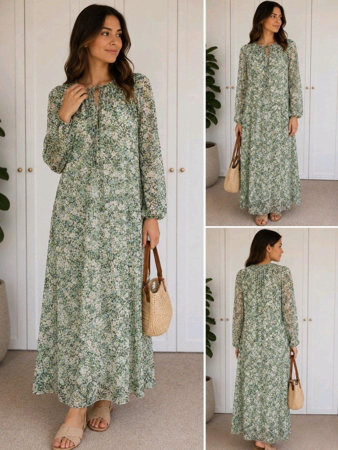 H&M Maxi Jurk Groen/Wit Bloemenprint Maat XS, H&M, Meerkleurig, Ophalen of Verzenden, Zo goed als nieuw