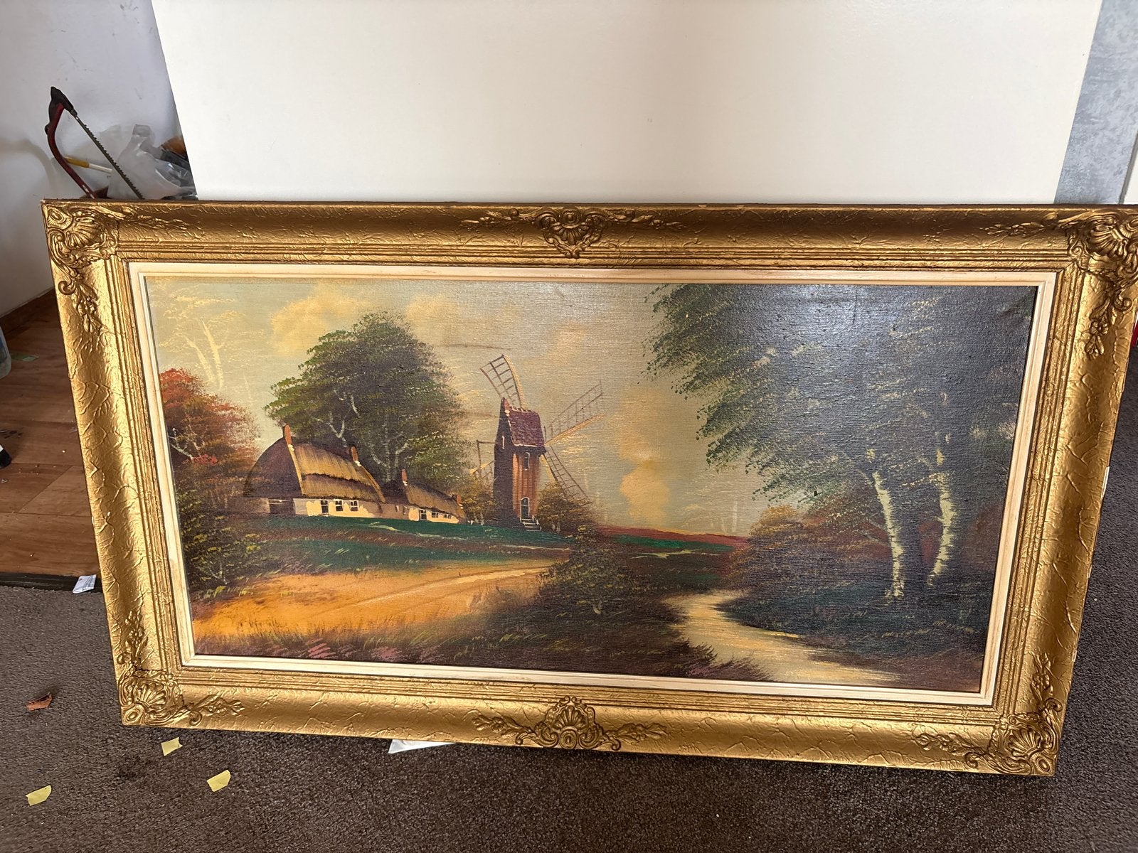 Schilderij Hollands Landschap met Molen en Boerderij, Antiek en Kunst, Ophalen, Doek, Landschap, Olieverf