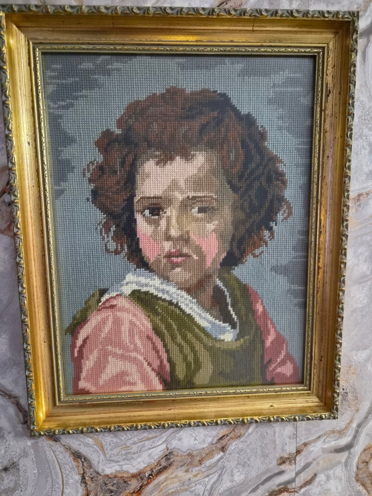 Vintage Geborduurd Schilderij Kind in Gouden Lijst, Ophalen of Verzenden