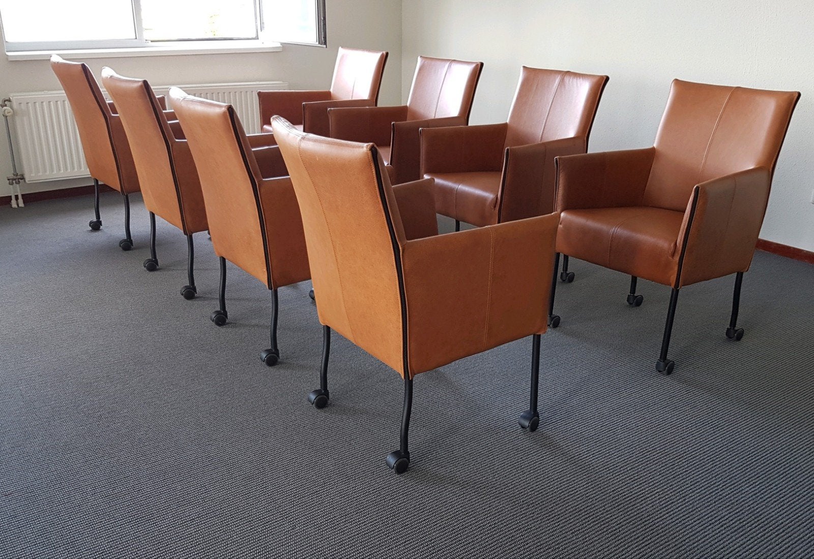 Comfortabele Dutch Design eetkamerstoelen bruin Leer, wiele, Bruin, Ophalen of Verzenden, Vijf, Zes of meer stoelen, Leer