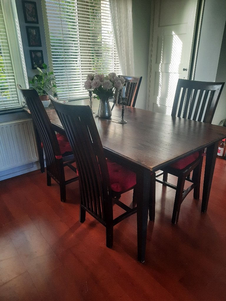 6 Houten eetkamerstoelen + gratis eettafel, Ophalen, Gebruikt, Bruin, Klassiek