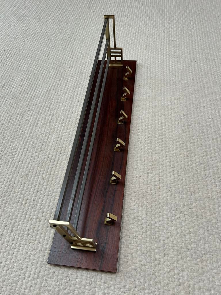 Vintage wandkapstok 6 haken messing hout design, Wandkapstok, Gebruikt, Ophalen of Verzenden, Minder dan 100 cm