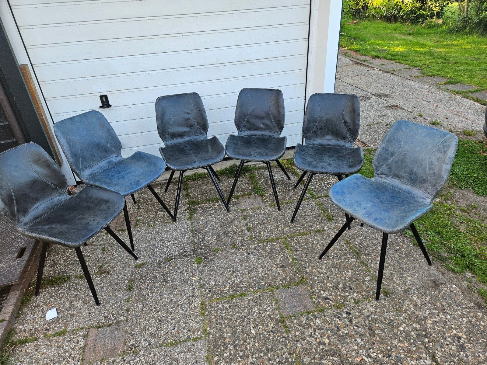 Set van 6 grijze eetkamerstoelen, Gebruikt, Ophalen of Verzenden, Metaal, Vijf, Zes of meer stoelen