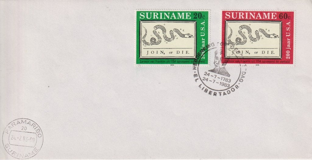 Suriname 1983 nrs. 41/42 200 jaar Amerika Libertador, Postzegels en Munten, Verzenden, Envelop