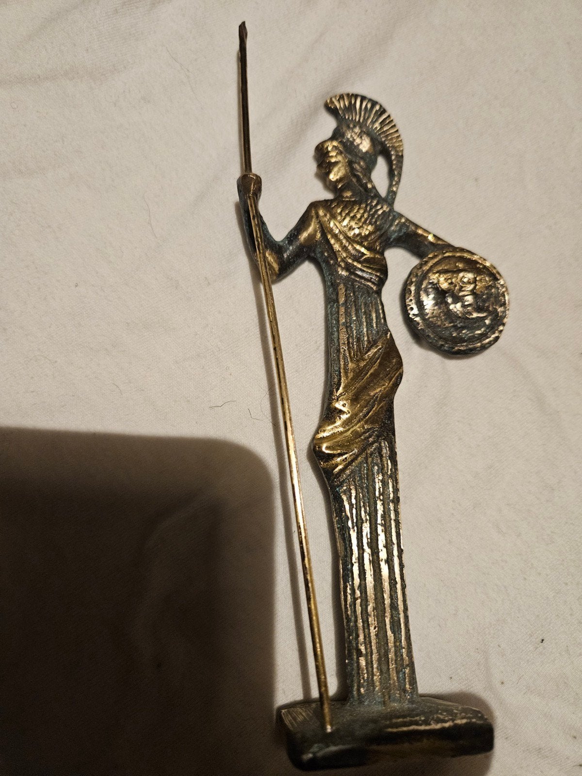 Bronzen beeldje van Pallas Athena met speer en schild, Antiek en Kunst, Ophalen, Minder dan 20 cm, Beeld, Gepatineerd