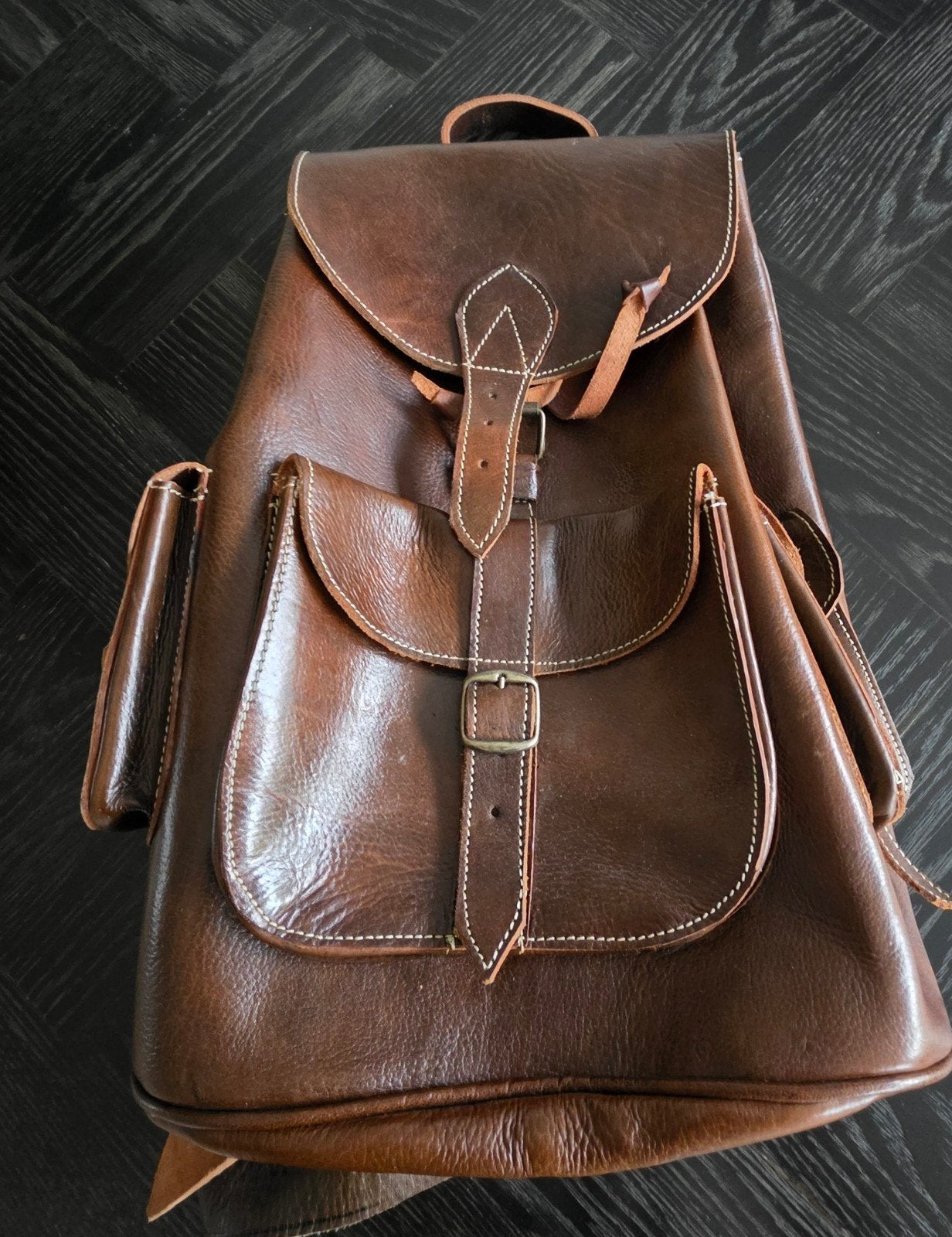 Nieuwe Bruine Lederen Rugtas Dames/Heren., Overige merken, 25 tot 40 cm, Nieuw, Ophalen of Verzenden
