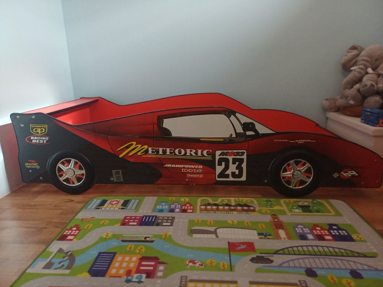 Kinder autobed - Raceauto bed voor jongens, Ophalen, Gebruikt, 70 tot 85 cm, Lattenbodem