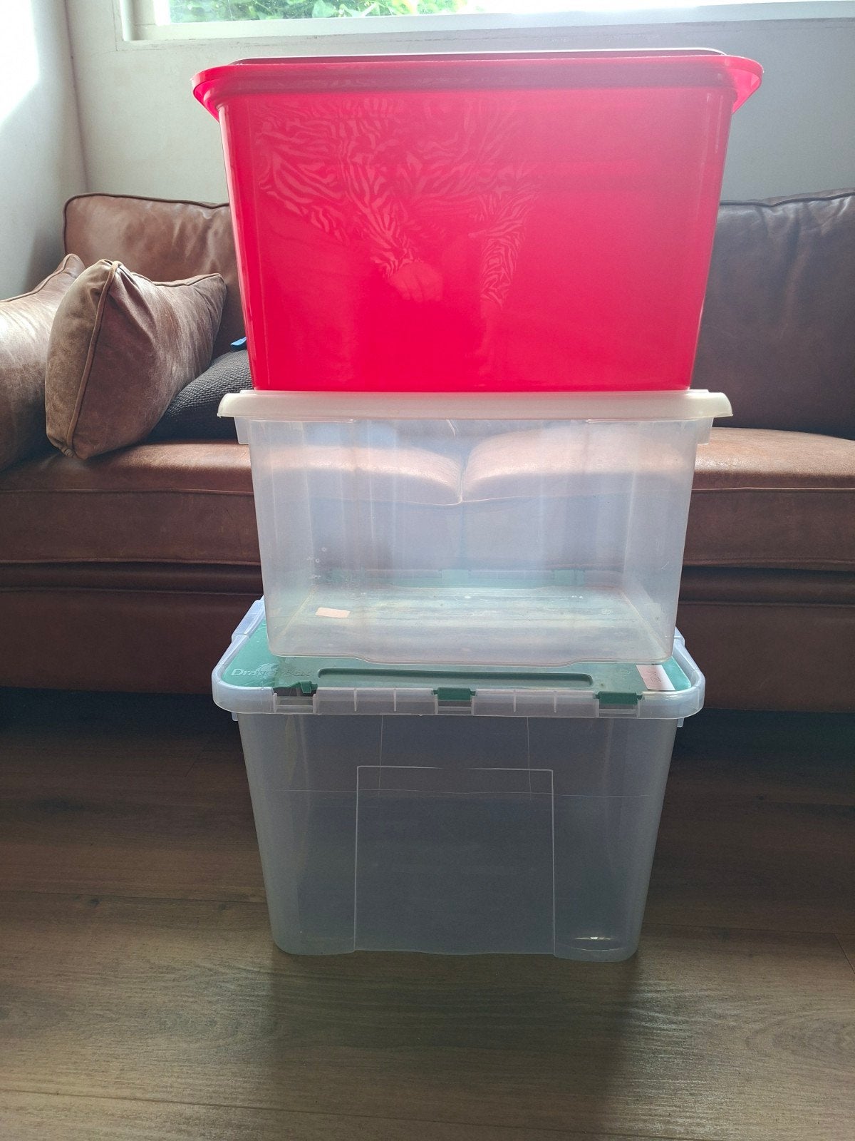 grote opbergbakken met deksel 3 voor 6,- zie omschrijving, Ophalen, Gebruikt, 60 cm of meer, Minder dan 35 cm