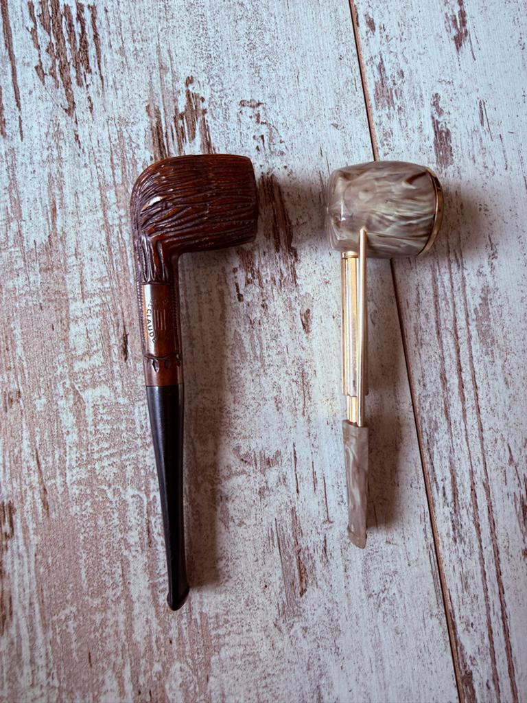 2 Vintage Pijpen: Handgesneden Houten Pijp & Marmerlook, Antiek en Kunst, Ophalen of Verzenden