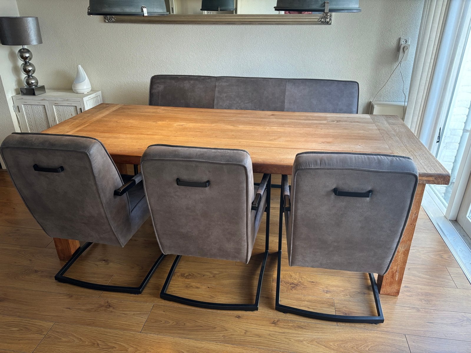 Teakhouten eettafel met eetbank en 3 stoelen, Ophalen, Gebruikt, 100 tot 150 cm, Teakhout