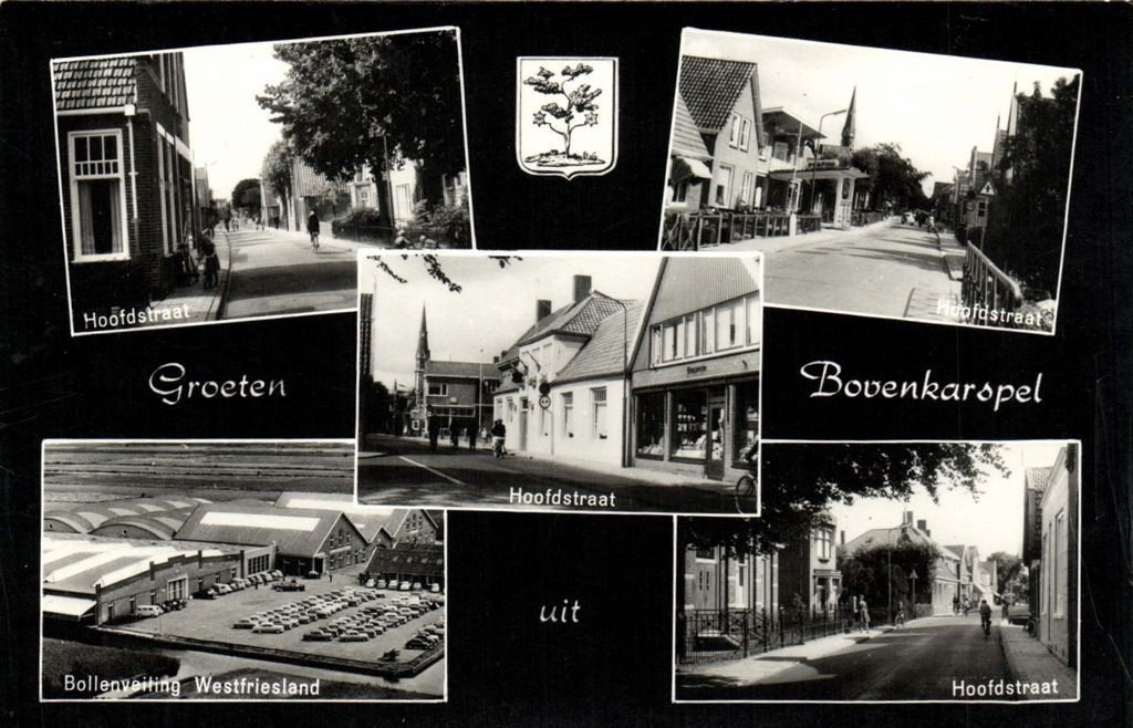 Groeten uit Bovenkarspel - 5 afb o.a. Bollenveiling - ongelo, Ophalen of Verzenden, 1960 tot 1980, Ongelopen, Noord-Holland
