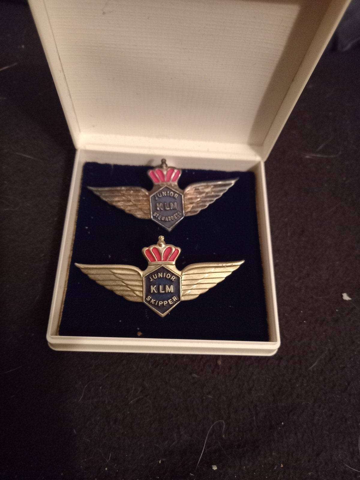 Vintage KLM Junior Skipper & Stewardess Speldjes in Doosje, Ophalen of Verzenden, Gebruikt, Transport, Speldje of Pin