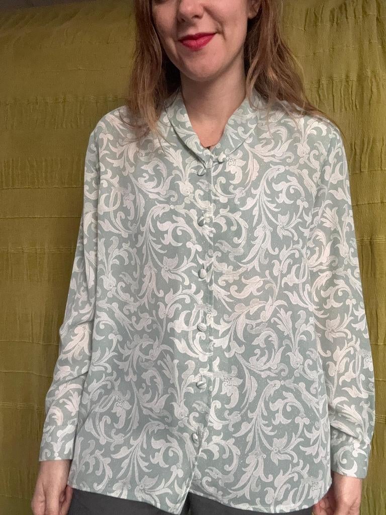 Vintage blouse, maat 42/XL - barok print - wit & groen - 90s, Maat 38/40 (M), Onbekend, Ophalen of Verzenden, Vintage