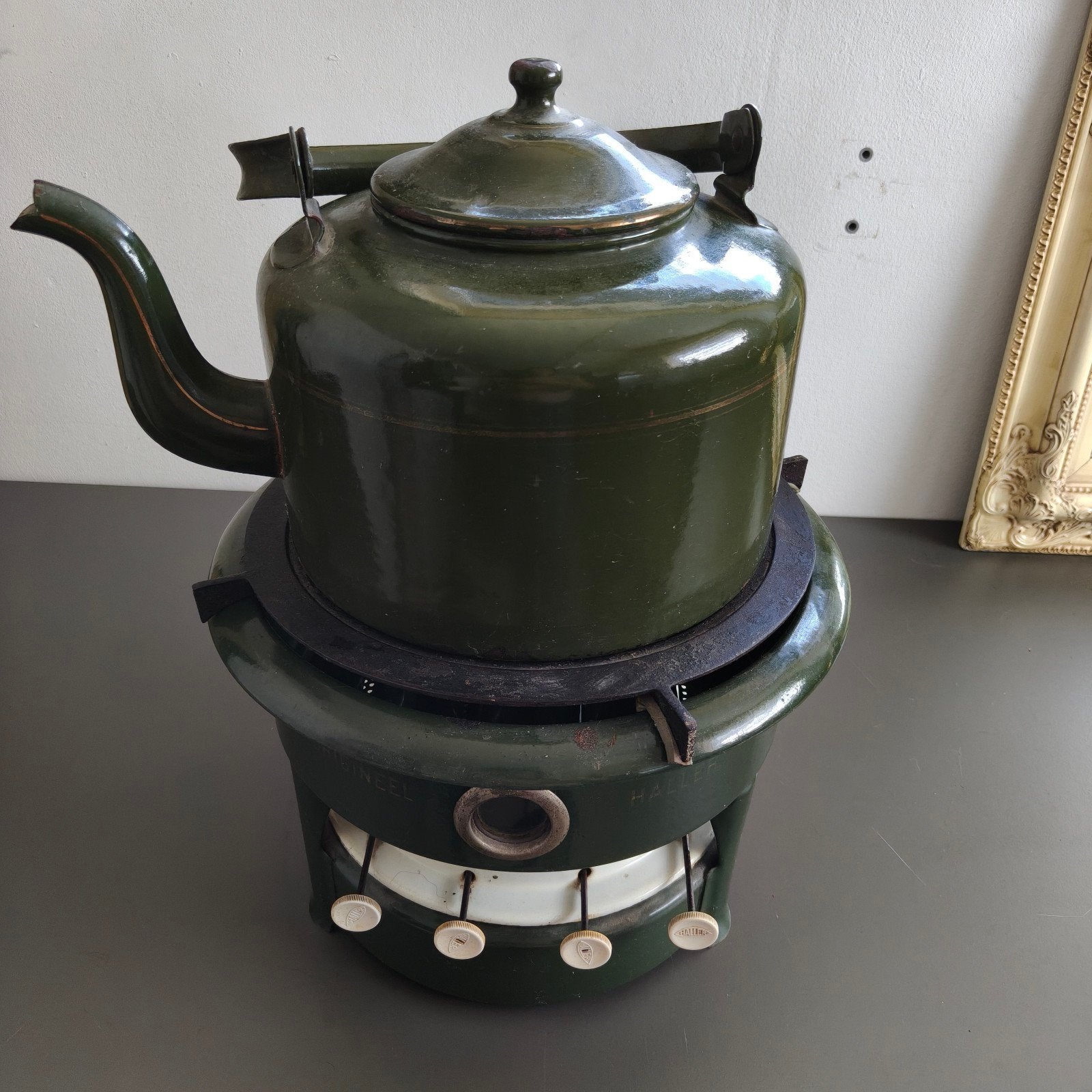 Haller petroleumstel met theepot - Groen geëmailleerd, Ophalen of Verzenden