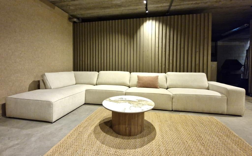 Zeer ruime modulaire bank in lichtbeige platte bouclé stof, Ophalen, ., Hoekbank, 300 cm of meer