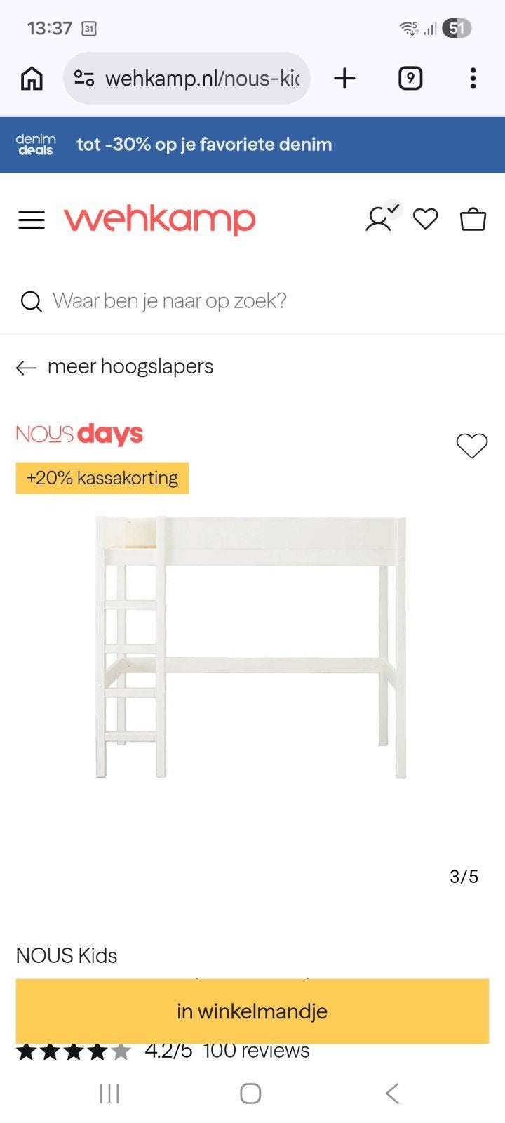 Nous kids hoogslaper Charlie 90 x 200 Wehkamp, Ophalen, Gebruikt, Eenpersoons, 200 cm