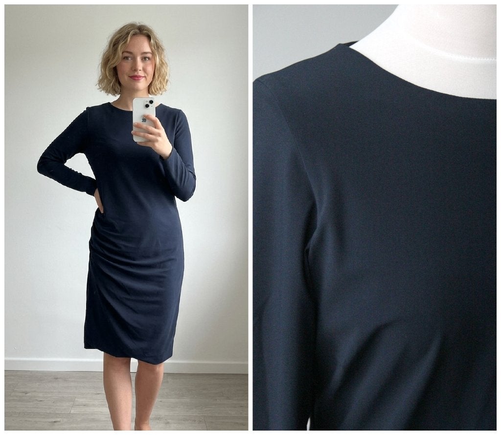 Far Hills - exclusieve jurk / blauw / travel maat 40, Kleding | Dames, Jurken, Maat 38/40 (M), Far Hills, Zo goed als nieuw, Knielengte