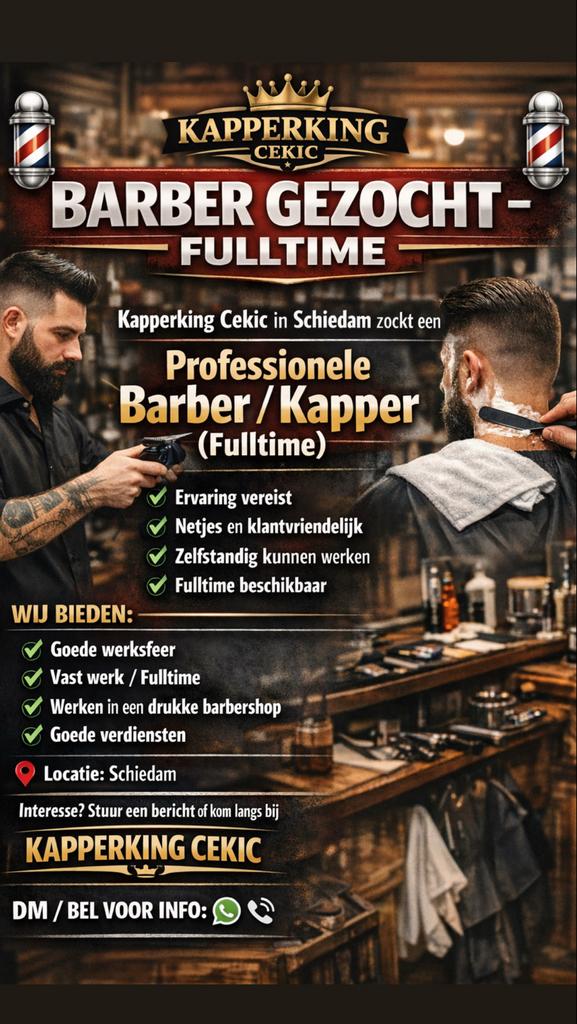 Barber gezocht in schiedam, Vacatures, 33 - 40 uur, Overige niveaus, Starter, Overige vormen