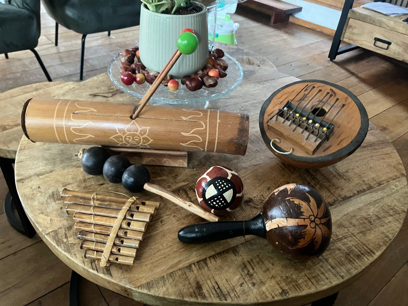 Exotische muziekinstrumenten set - kalimba, panfluit, maraca, Ophalen, Gebruikt, Overige soorten