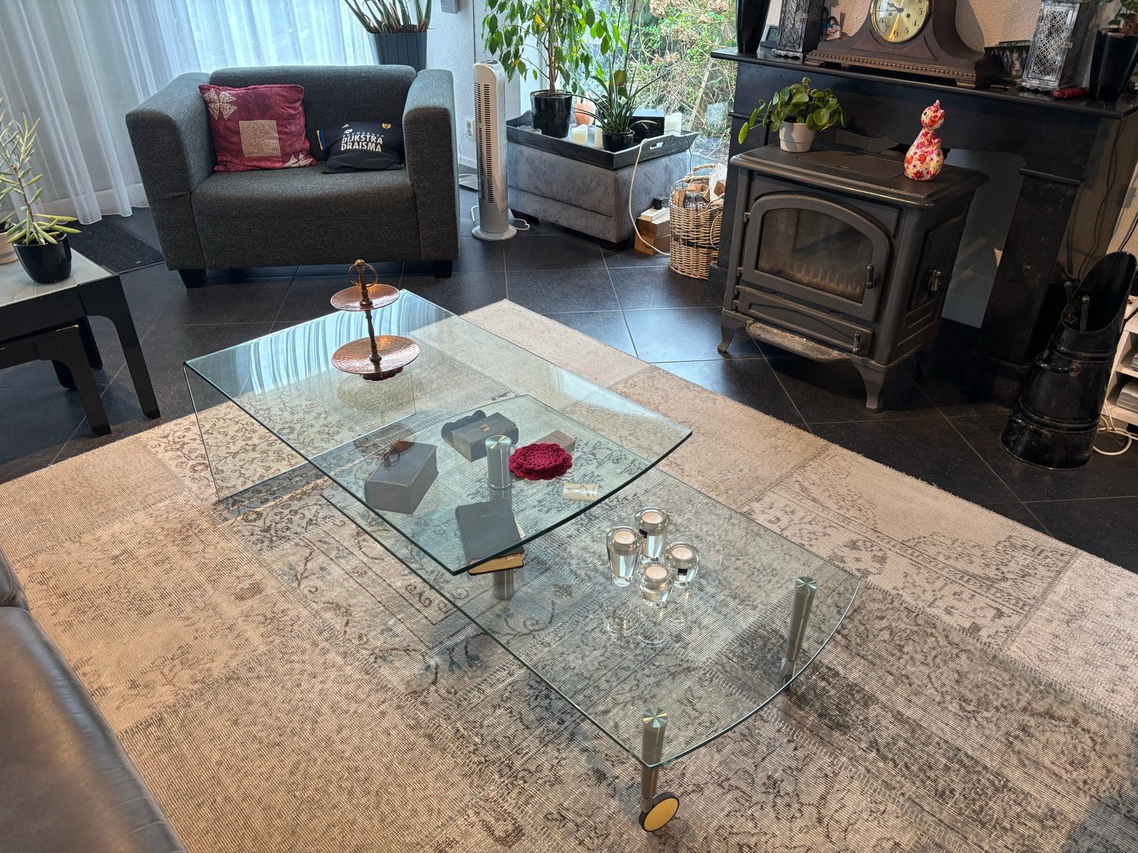 Glazen Salontafel met Twee Niveaus, Ophalen, Gebruikt, 100 tot 150 cm, 50 tot 100 cm