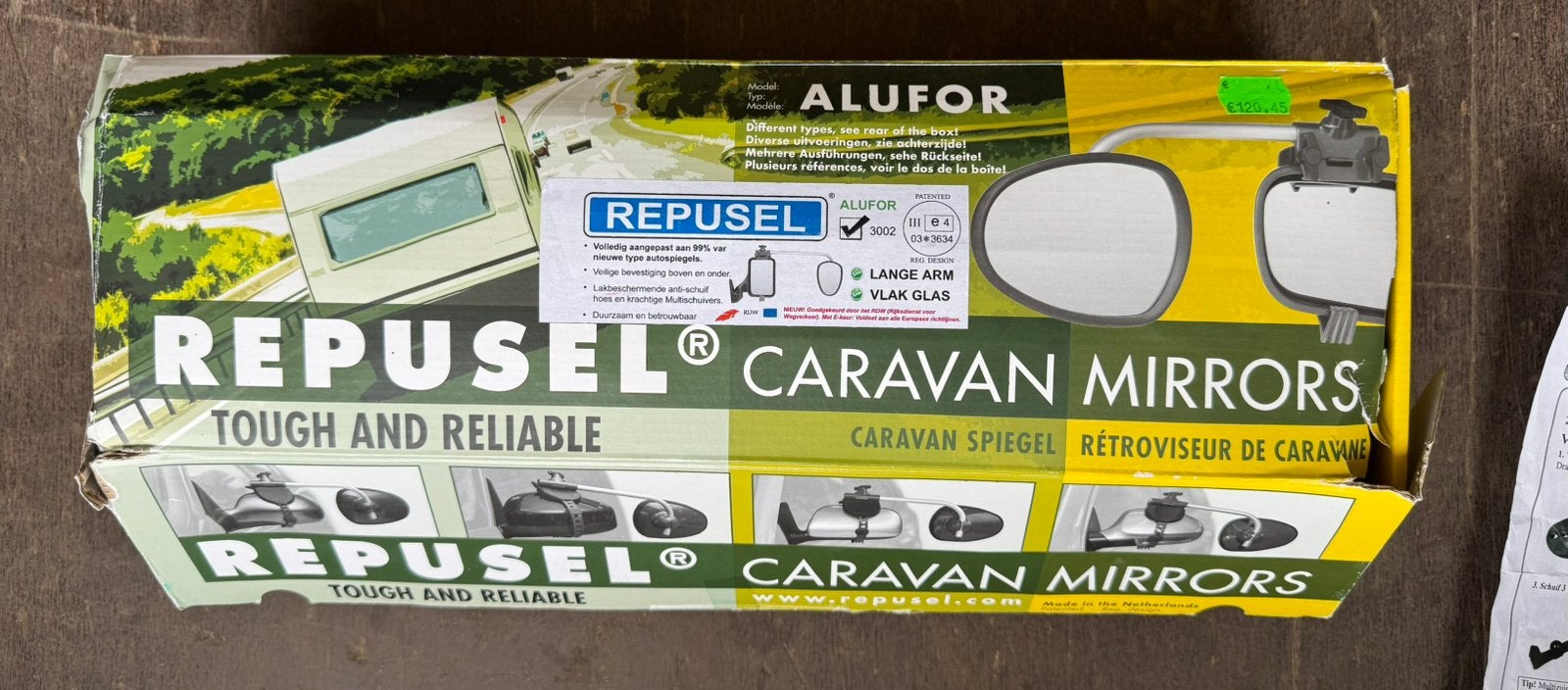 Repusel Caravanspiegels ALUFOR – vlak glas – lange arm, Ophalen of Verzenden, Zo goed als nieuw