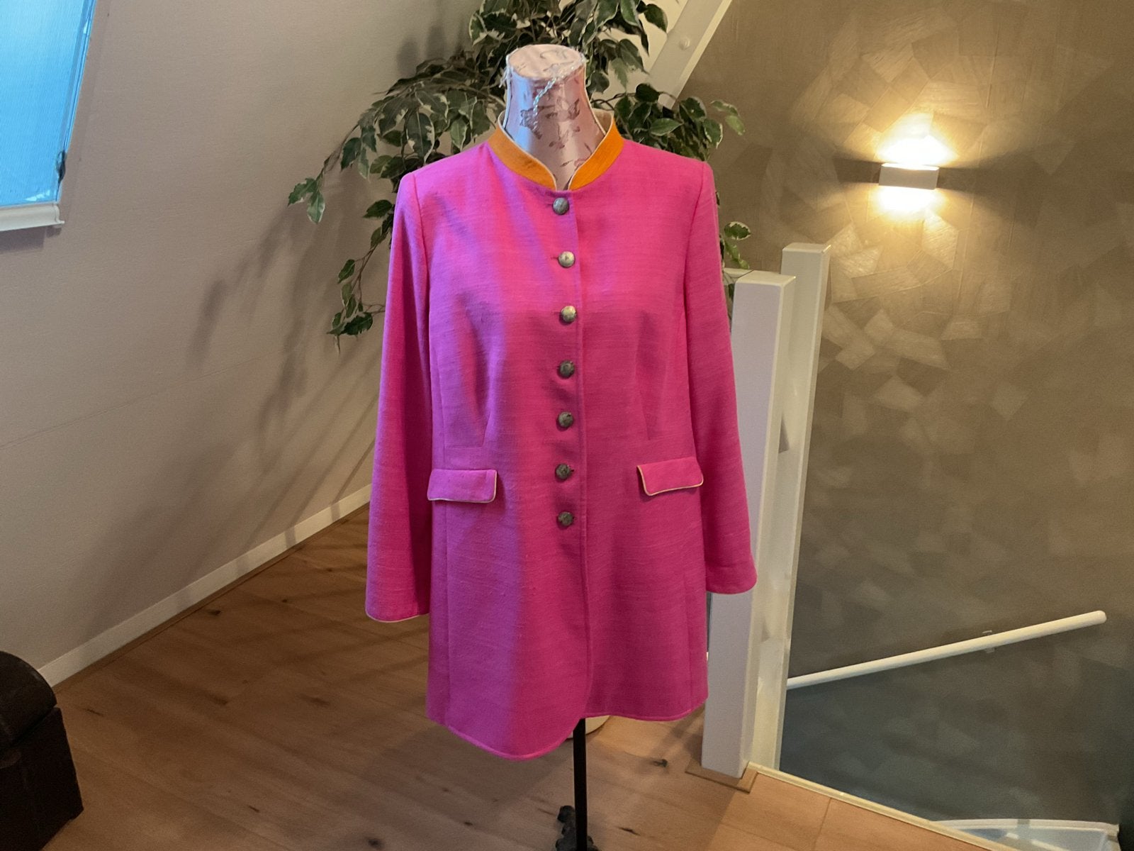 Roze linnen blazer met oranje bies - Maat 46, Maat 46/48 (XL) of groter, Ophalen of Verzenden, Jasje, Roze