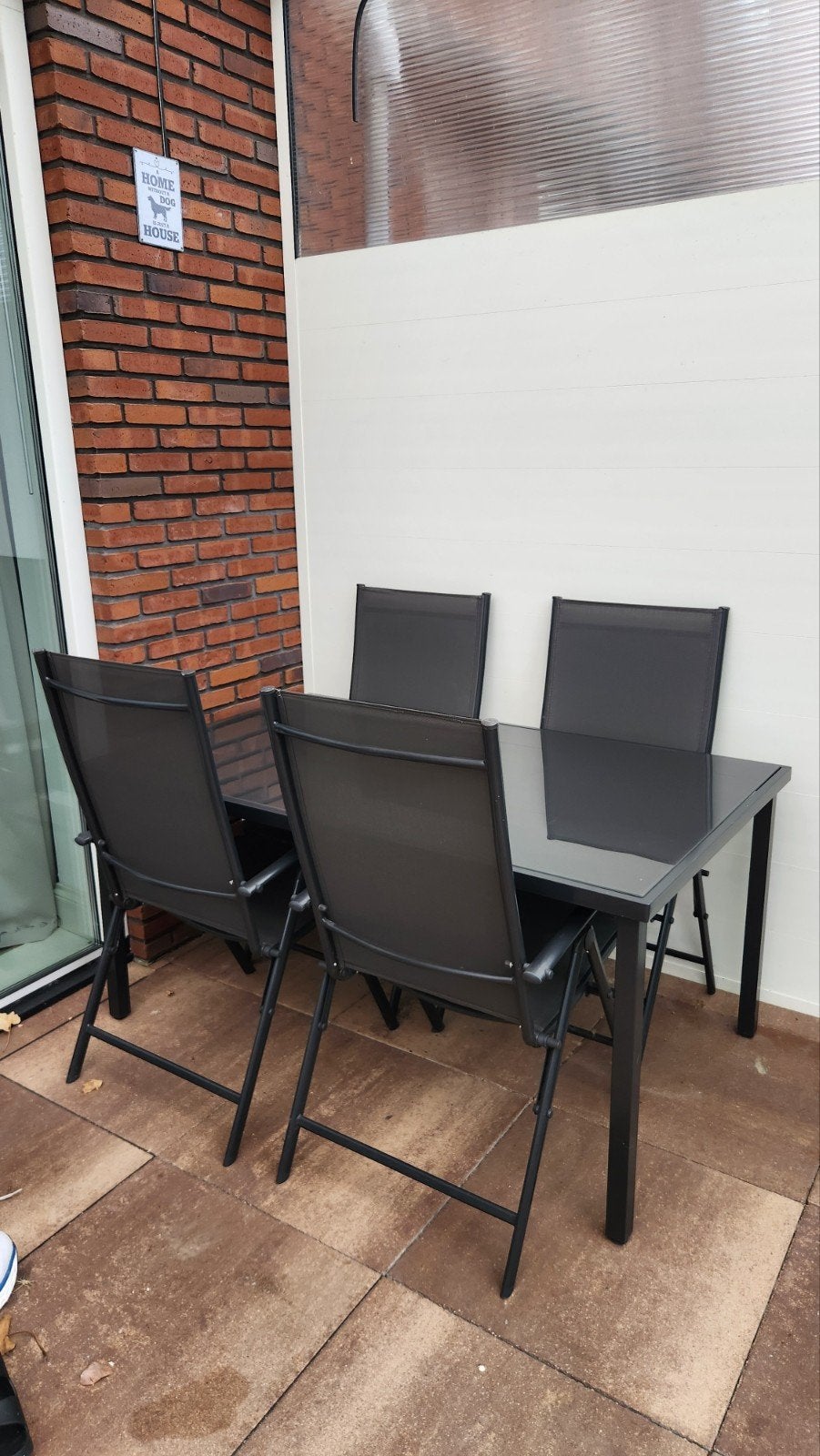 Tuinset glazen tafel 150x90 + 4 verstelbare standenstoelen, Ophalen, 4 zitplaatsen, Gebruikt, Aluminium