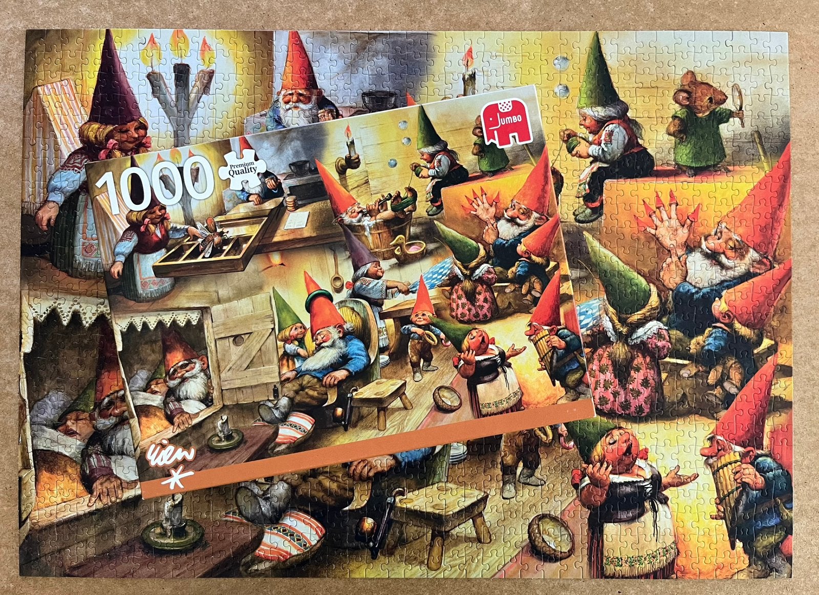 Leuke kabouter-puzzel van Rien Poortvliet, 1000 stukjes, Ophalen of Verzenden, 500 t/m 1500 stukjes, Gebruikt, Legpuzzel