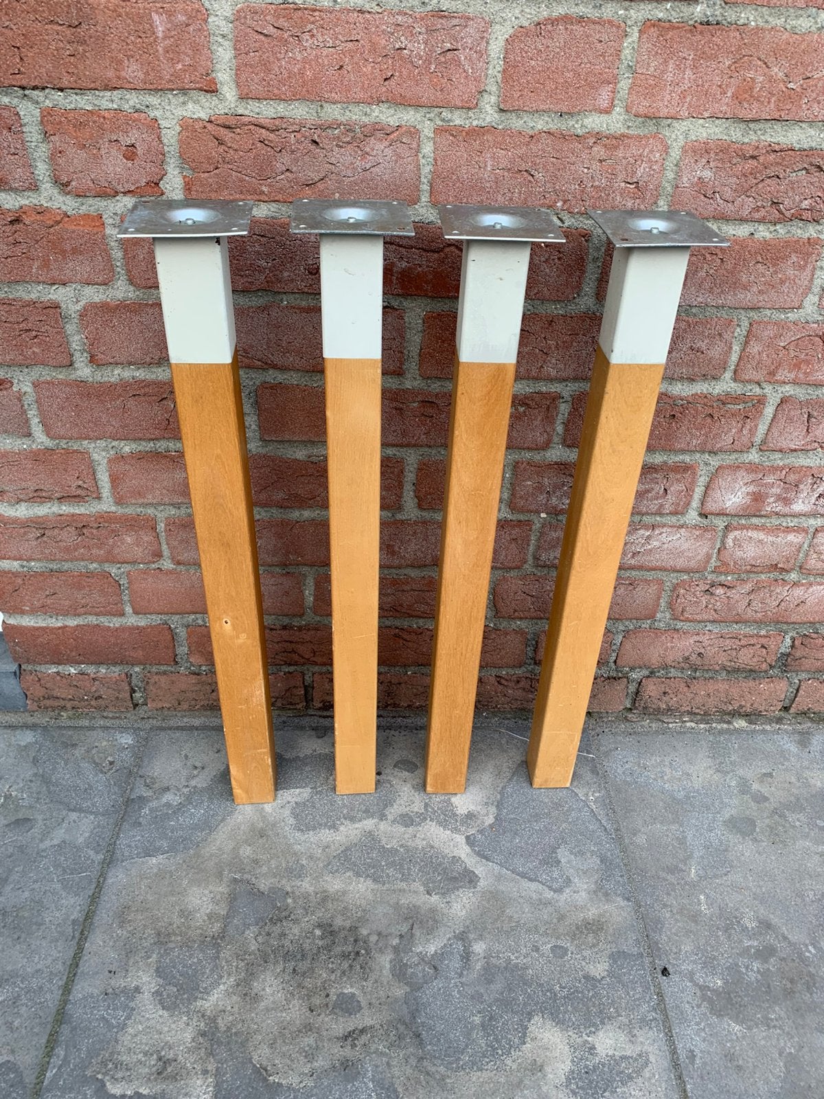 4 houten gelakte tafelpoten metalen bovenstuk afm. 70-5-5, Ophalen, Tafelpoot, Minder dan 50 cm, Gebruikt