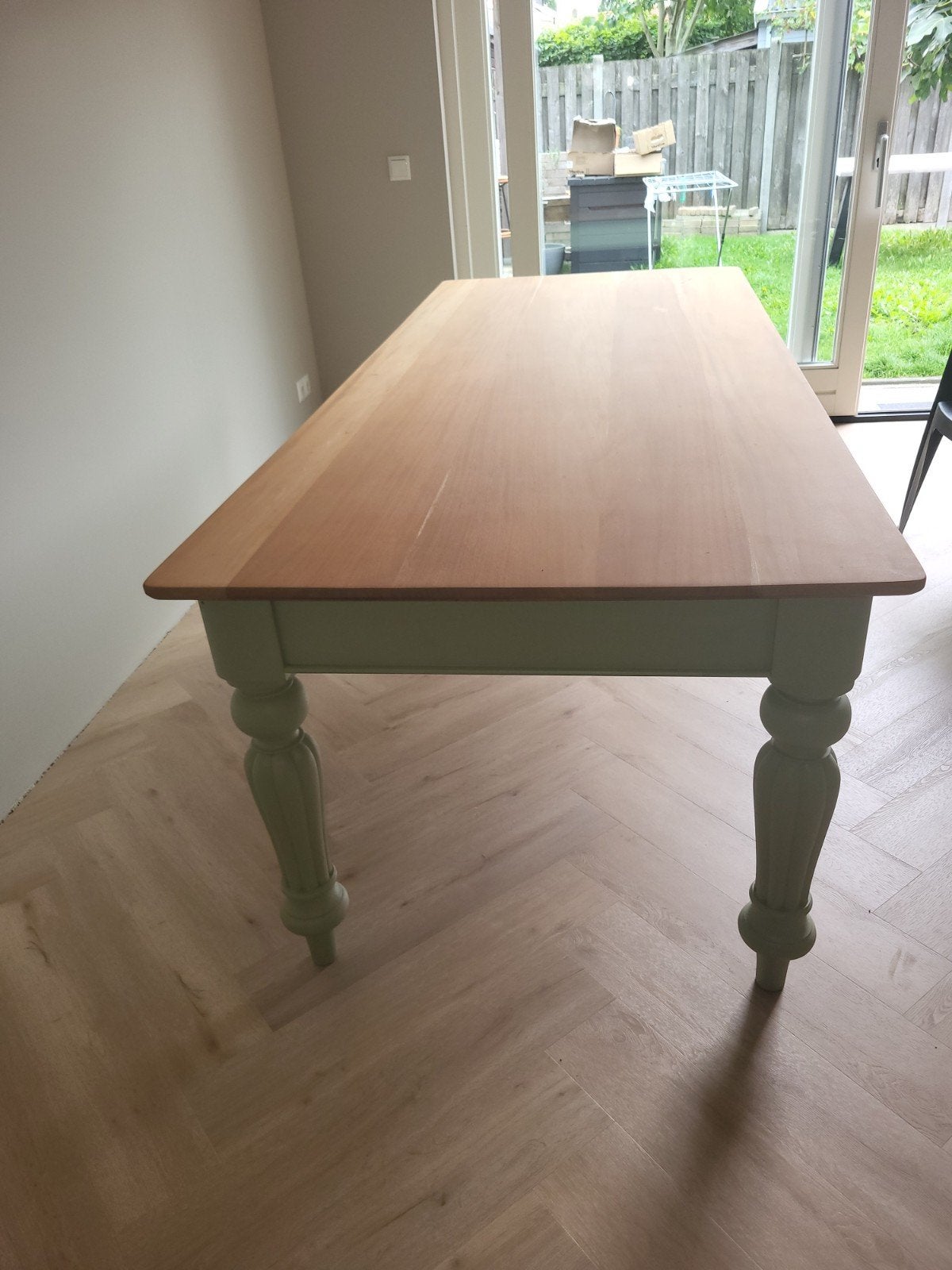 Prachtige massief houten landelijke eettafel met bolpoten., Ophalen, Landelijk, Rustiek, 200 cm of meer, 50 tot 100 cm