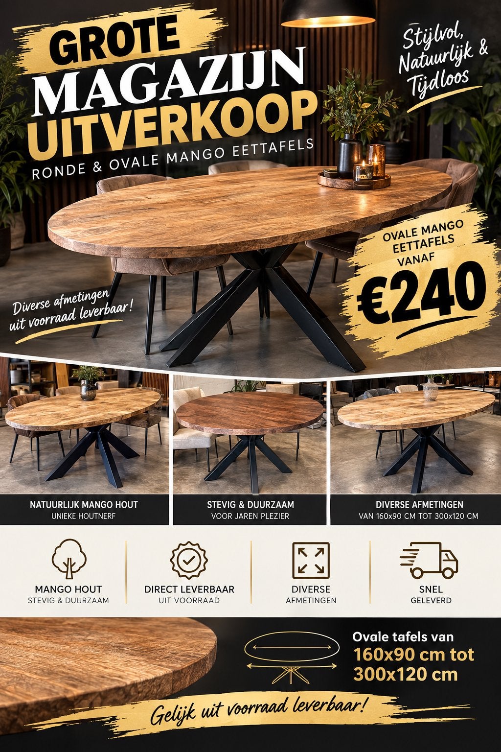 Magazijn leegverkoop ovale mago houten tafels nieuw, Huis en Inrichting, Ophalen, Nieuw, Ovaal, 200 cm of meer